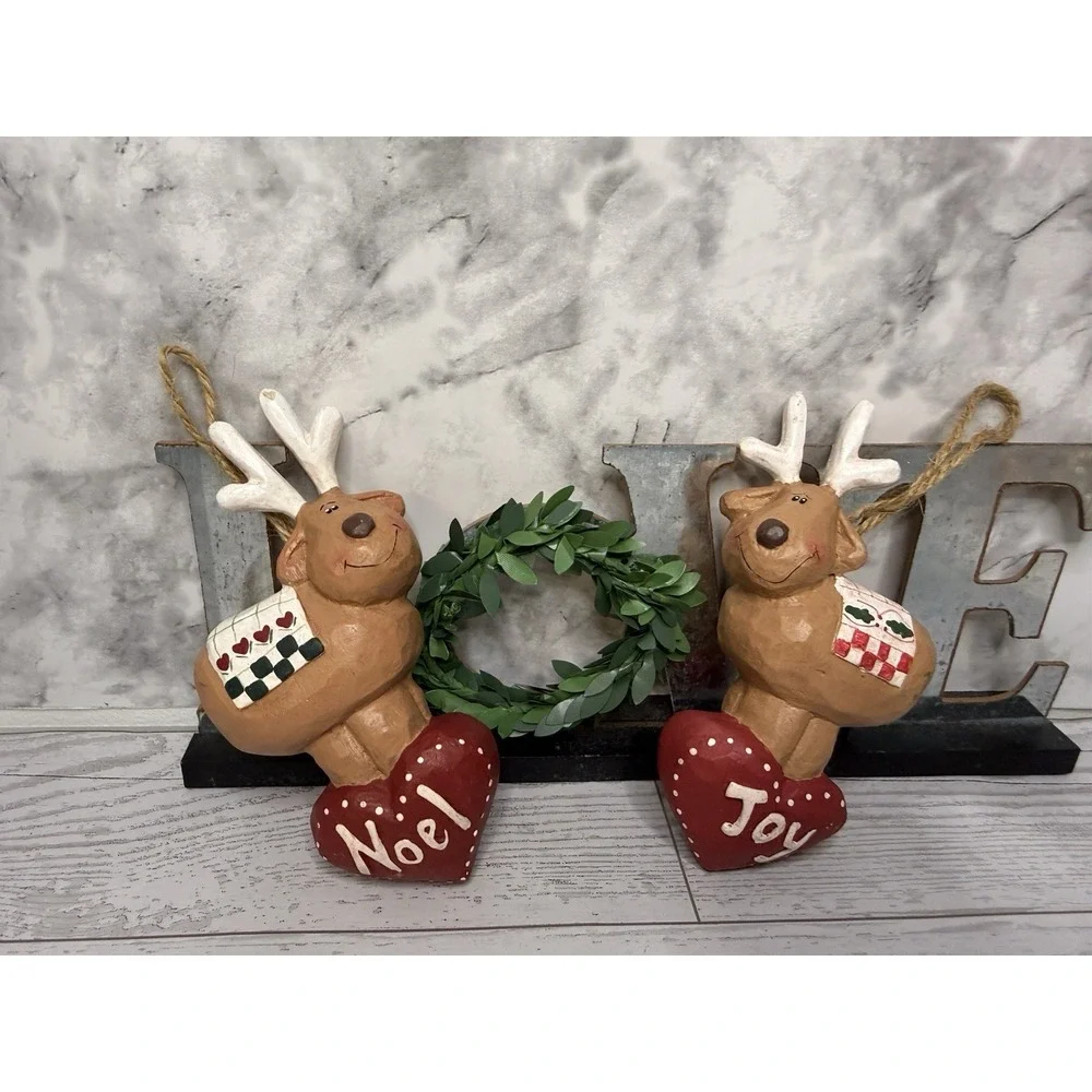 Vintage Midwest Eddie Walker Hanging Ornament Noel and Joy Reindeers Set‎ of Two